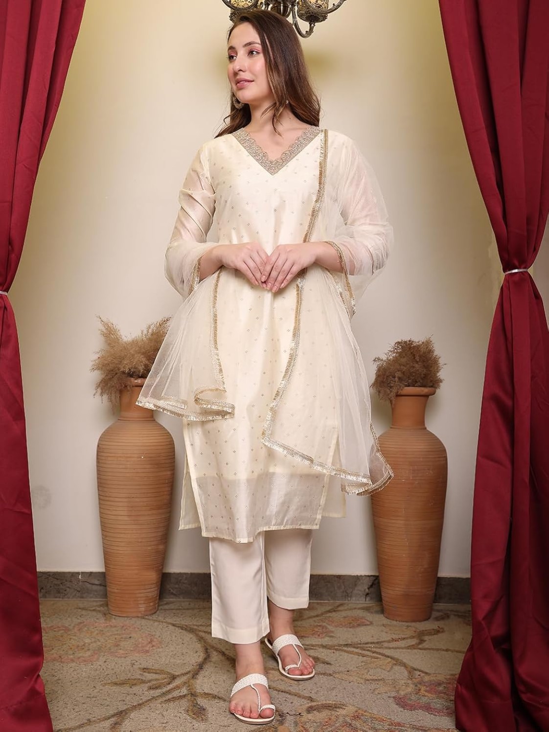 Cotton Silk with Zari Embroidery Kurta & Silk Crepe Pant Set And Net Dupatta Ethnic Wear 