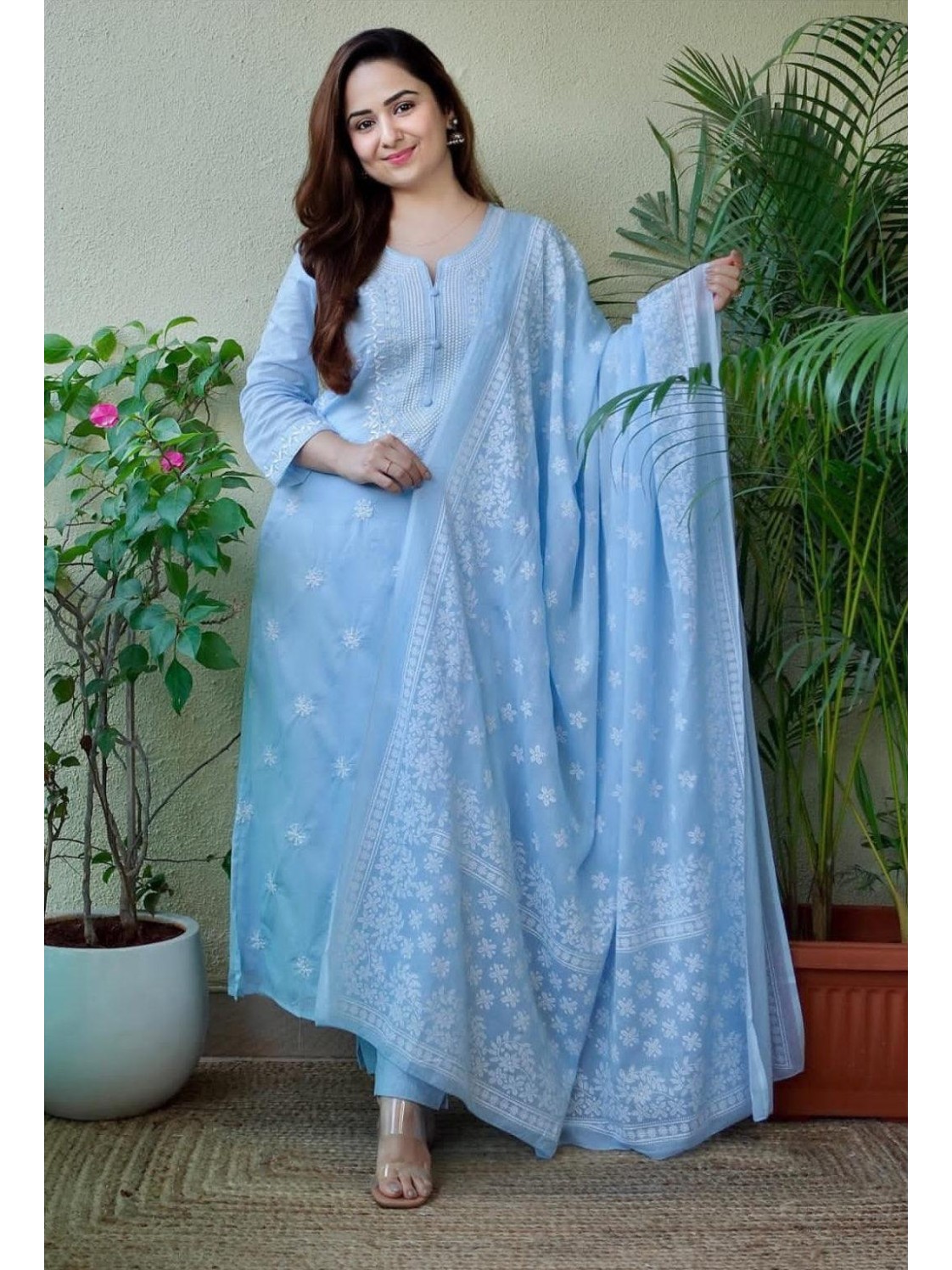 Blue Embroidered Suit Set with Dupatta